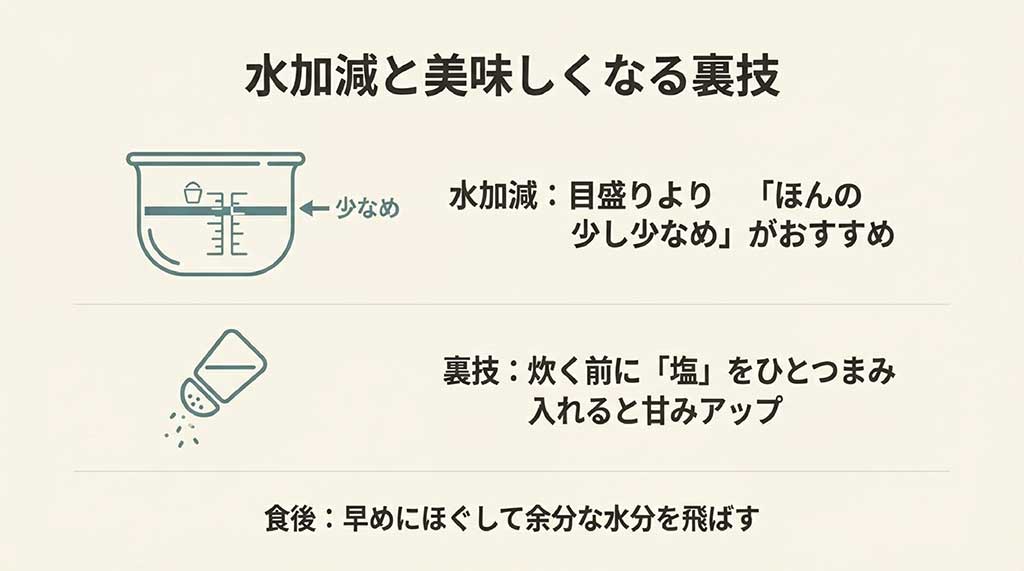 炊飯器の目盛りより少し少なめの水加減と、炊く前に塩をひとつまみ入れることで甘みをアップさせる裏技の紹介