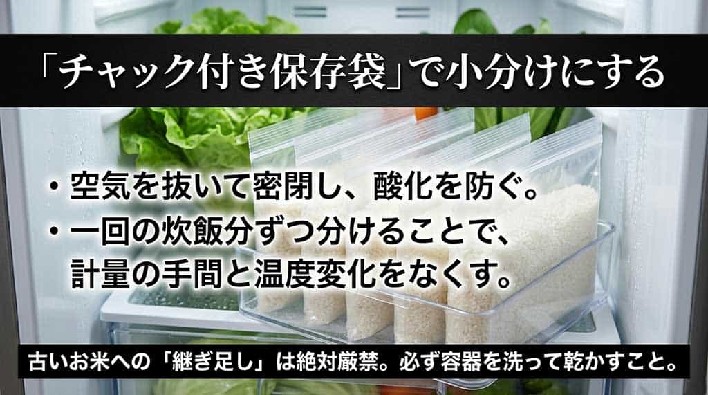 お米をチャック付き保存袋で小分けにするメリットと継ぎ足し禁止の注意